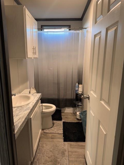 6218 Cr-4813 Pecan Gap, TX 75469 - Photo 7 of 30 Full bath with vanity, a shower with shower curtain, toilet, and wood finished floors