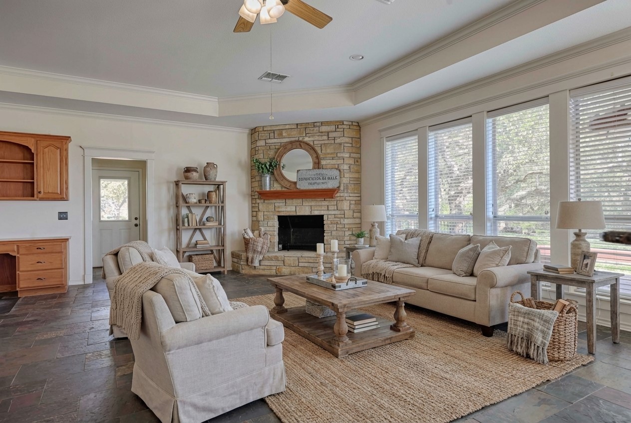 900 Schulze Road Muldoon, TX 78949 - Photo 14 of 47 a living room with furniture a fireplace and a large window