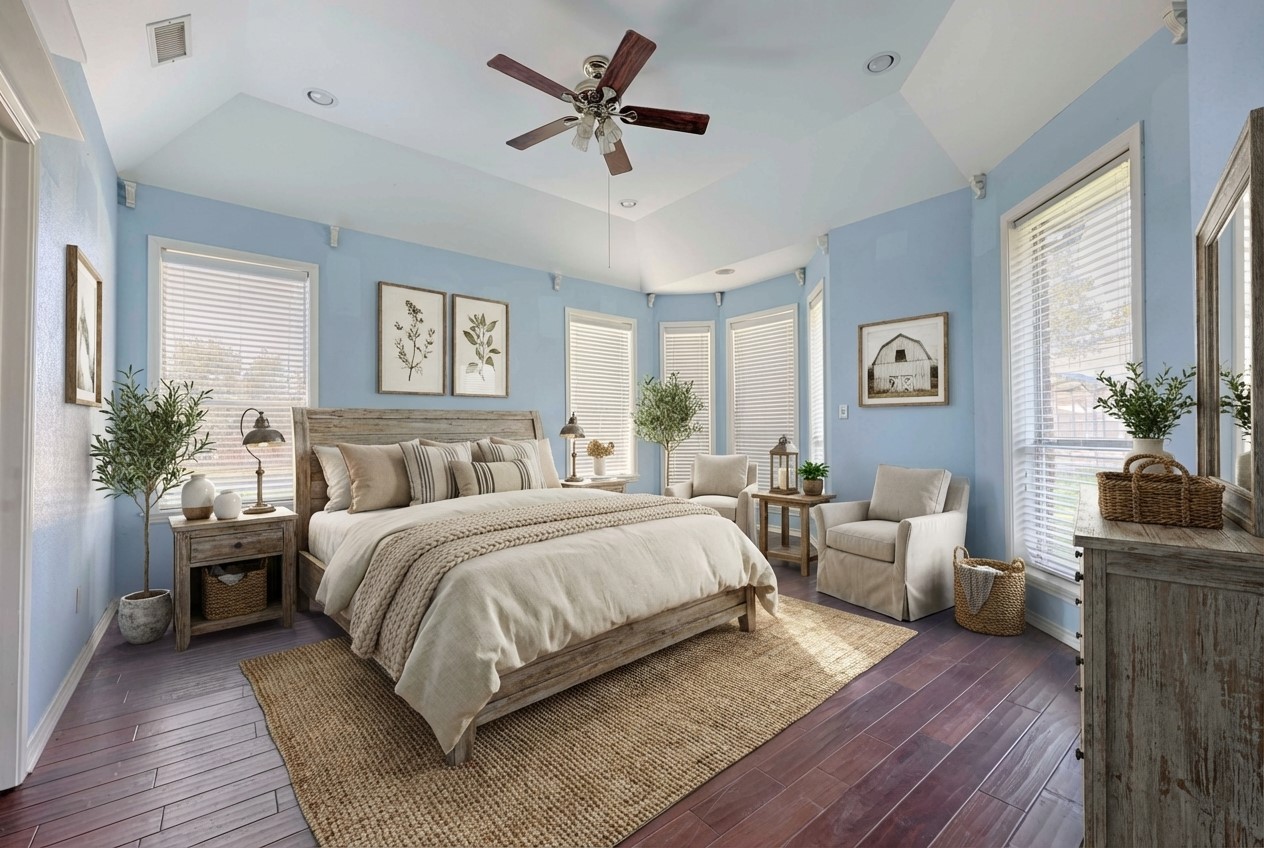 900 Schulze Road Muldoon, TX 78949 - Photo 21 of 47 a bedroom with a large bed wooden floor and windows