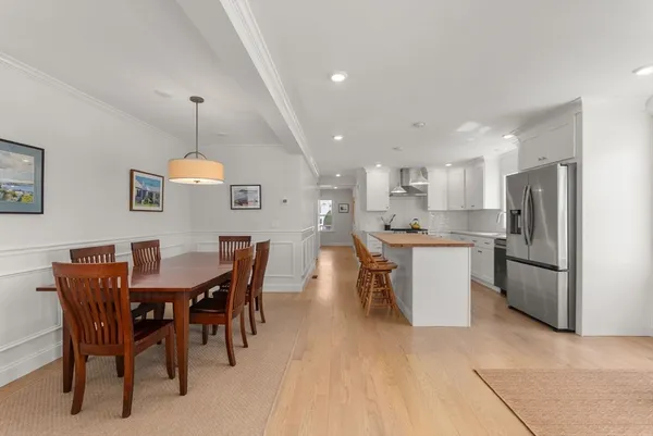a view of a dining room with furniture