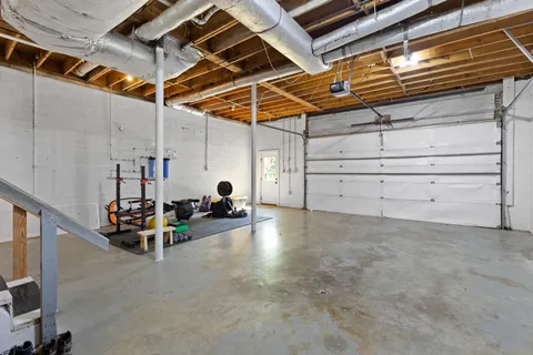 a view of a garage with storage