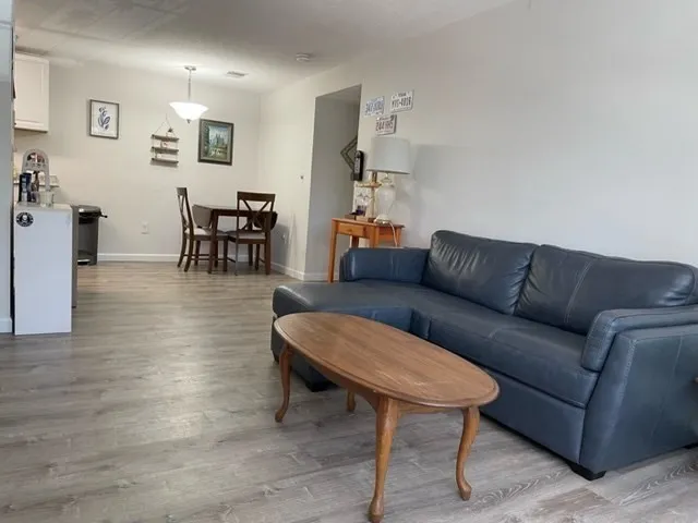 a living room with furniture and a dining table with wooden floor