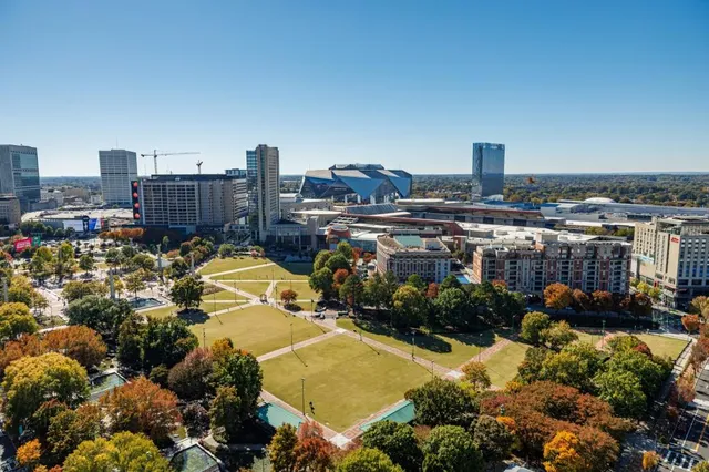 a city view with tall buildings
