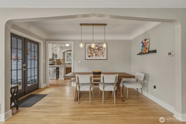 a view of a dining room with furniture