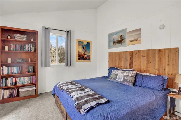 a bedroom with furniture and a book shelf