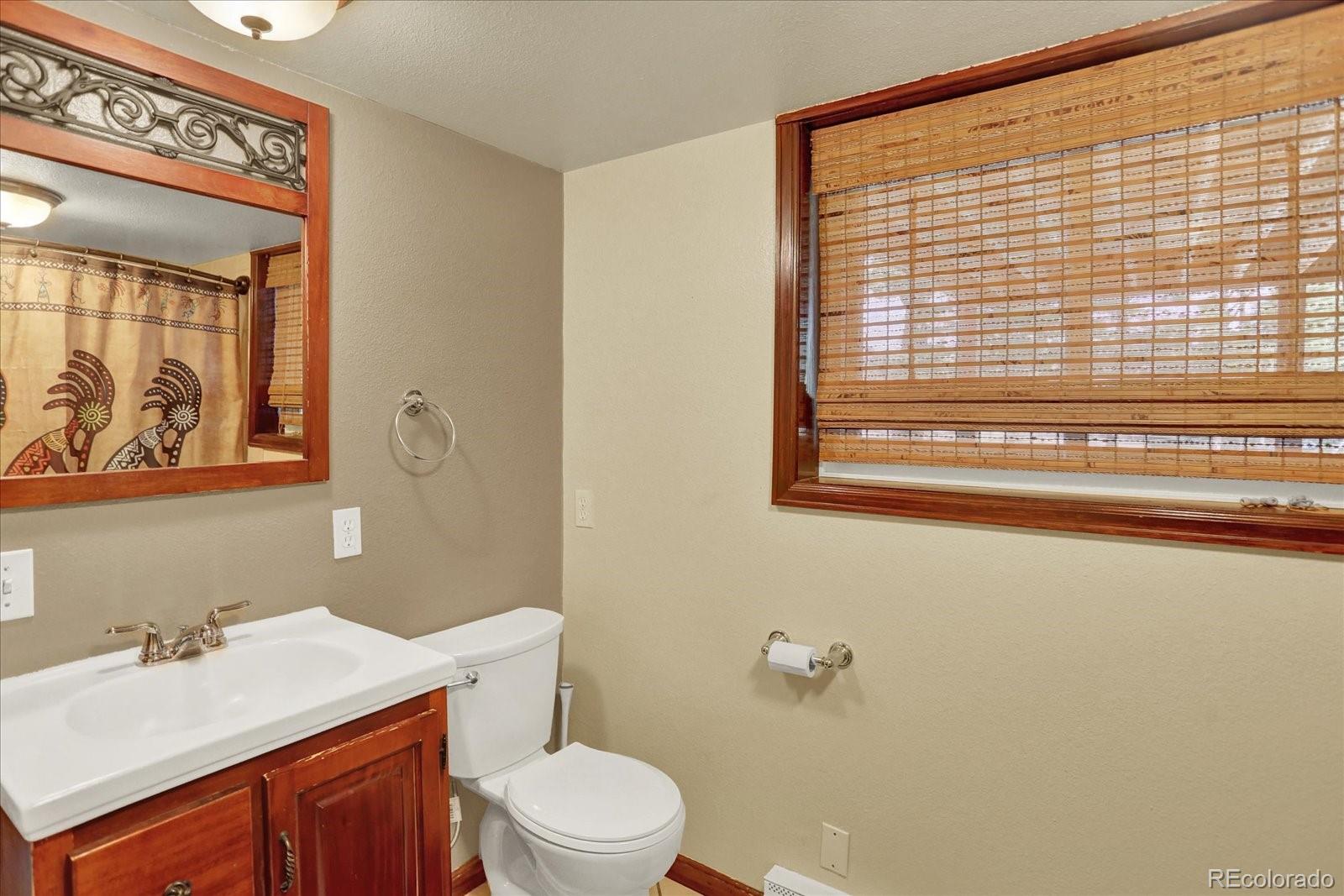 249 Burland Drive Bailey, CO 80421 - Photo 20 of 34 a bathroom with a toilet sink vanity and mirror