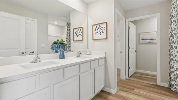 a bathroom with double vanity sink a mirror and a shower
