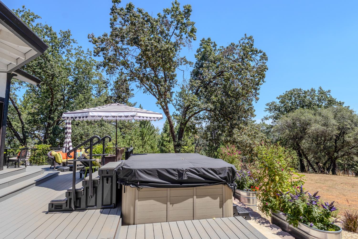 27689 Table Meadow Road Auburn, CA 95602 - Photo 48 of 72 a view of a patio with table and chairs under an umbrella with large trees