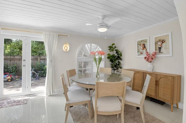 a view of a dining room with furniture