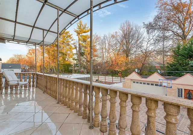 a view of a building from a balcony