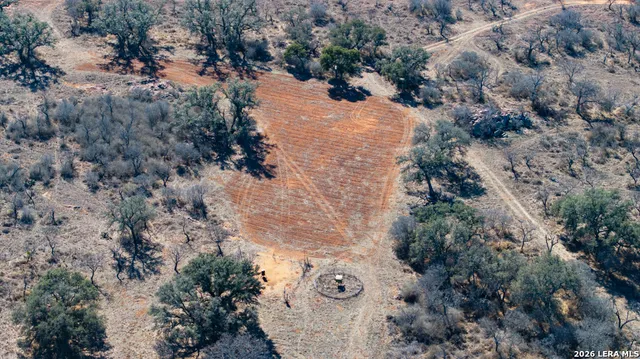 an aerial view of house with yard and trees all around