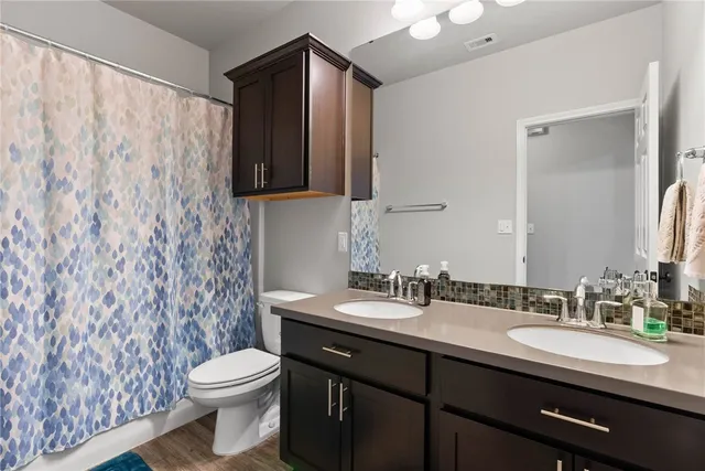 a bathroom with a double vanity sink toilet and a mirror