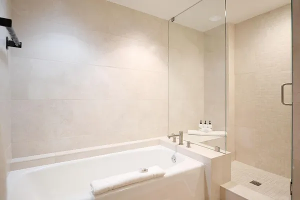 a bathroom with a bathtub and a shower