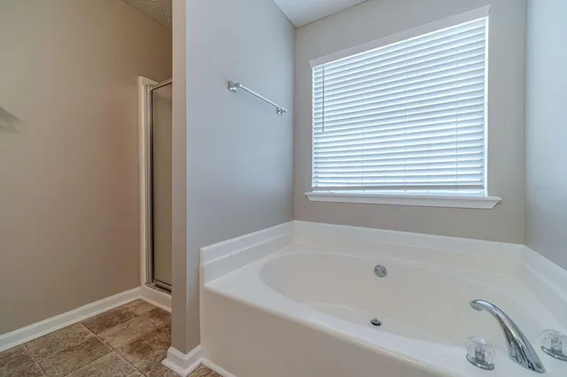 a bathroom with a bathtub and a shower
