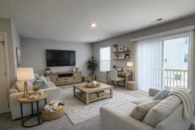 a view of an empty room and a window