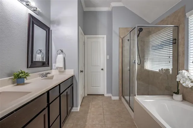 a bathroom with a double vanity sink mirror and shower
