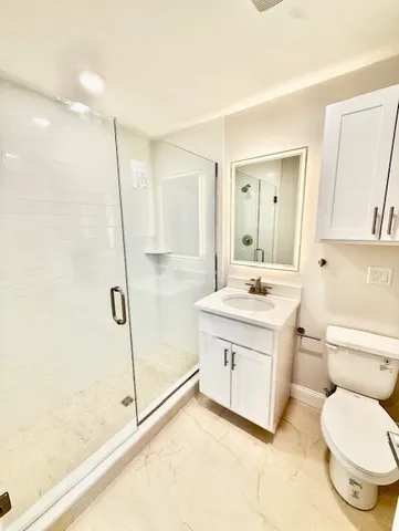 a bathroom with a sink a toilet and a shower
