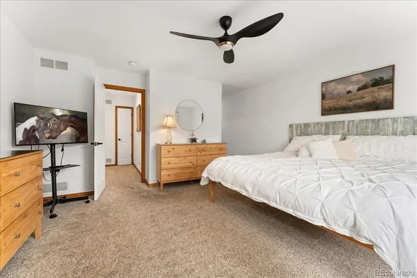 a bedroom with a bed and dresser