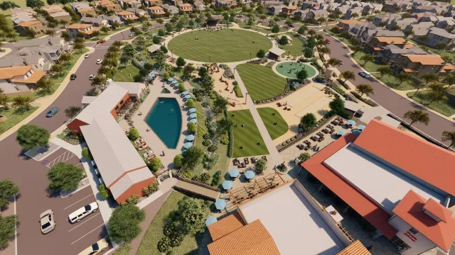an aerial view of a house with a swimming pool