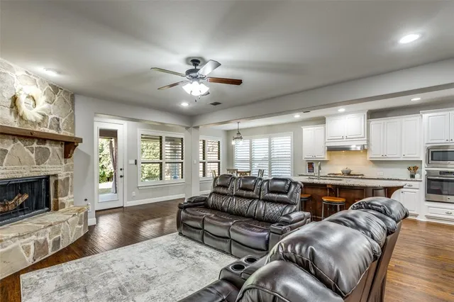 a living room with furniture flat screen tv and a fireplace