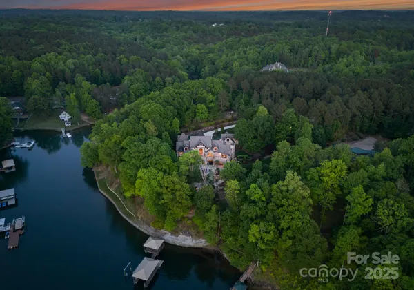 an aerial view of a house with pool outdoor space and trees all around