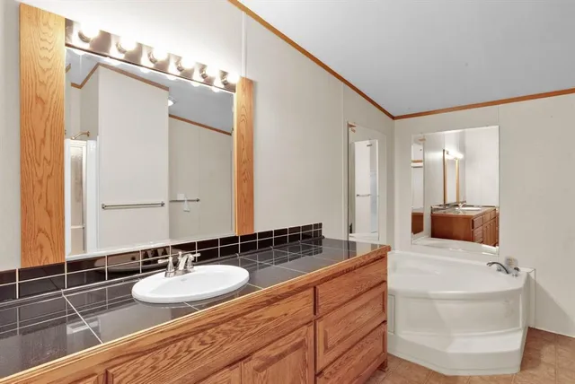a bathroom with a double vanity sink and mirror