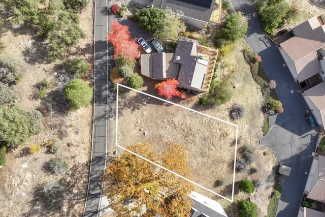 an aerial view of a house with a yard and large trees