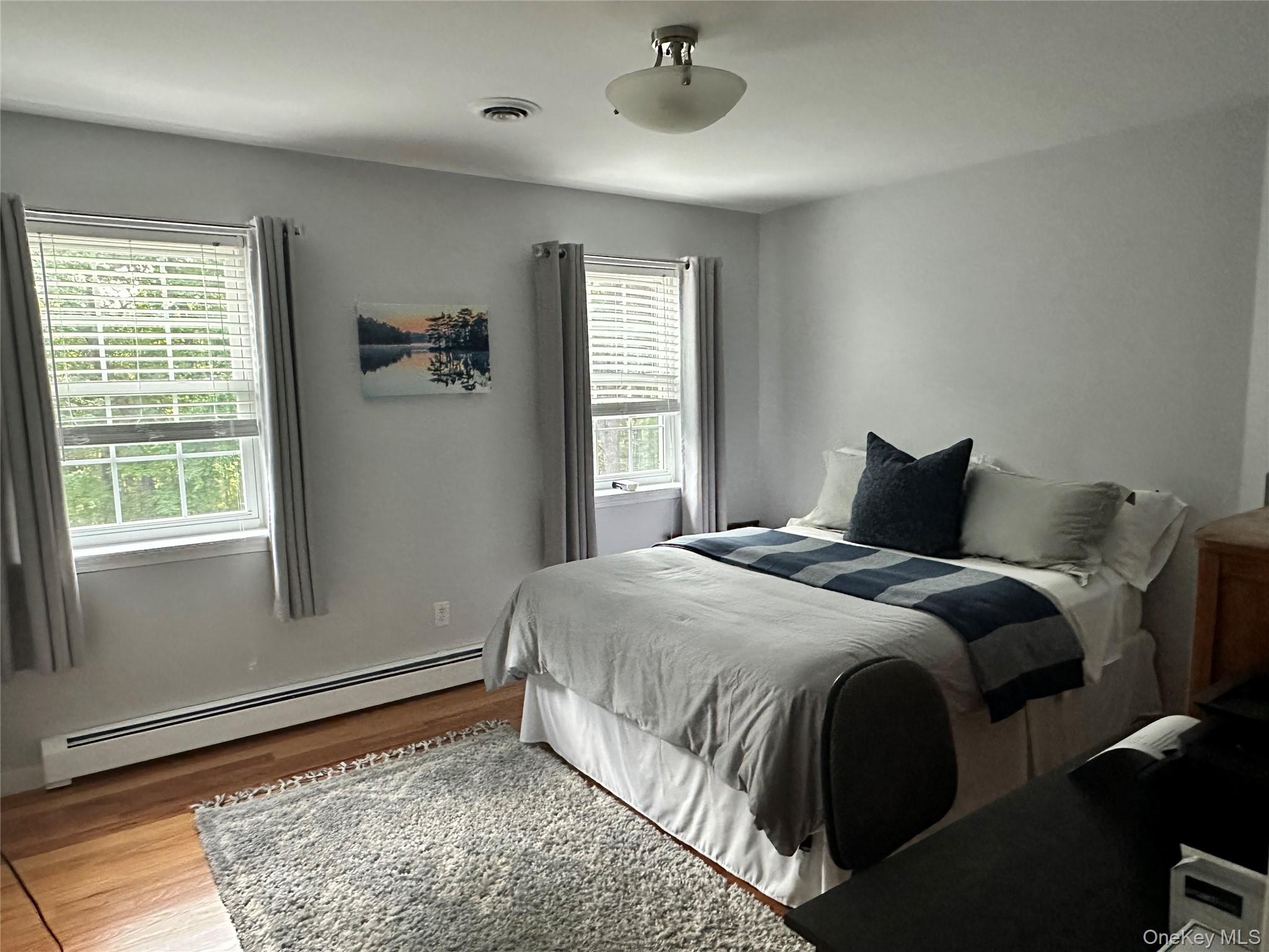 95 Weed Road Pine Bush, NY 12566 - Photo 17 of 31 Third bedroom featuring hardwood flooring, two windows with blinds and drapes, a ceiling-mounted light fixture, and baseboard heating