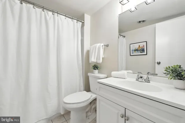 a bathroom with a sink a toilet and shower curtain