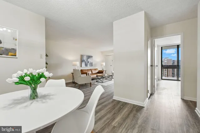 a dining room with furniture potted plants and wooden floor