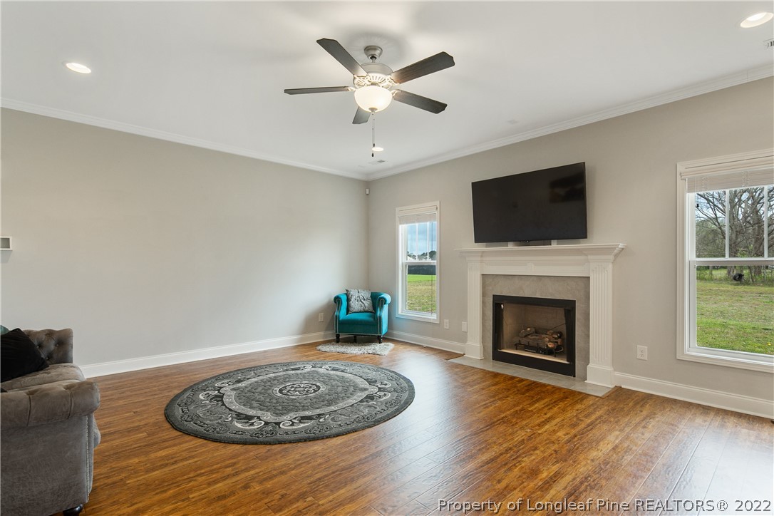 5213 Bree Bridge Road Hope Mills, NC 28348 - Photo 12 of 50 a living room with furniture a fireplace and a flat screen tv