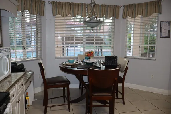 a view of a dining room with furniture and window