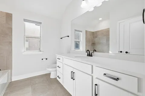 a bathroom with a double vanity sink a toilet and a mirror