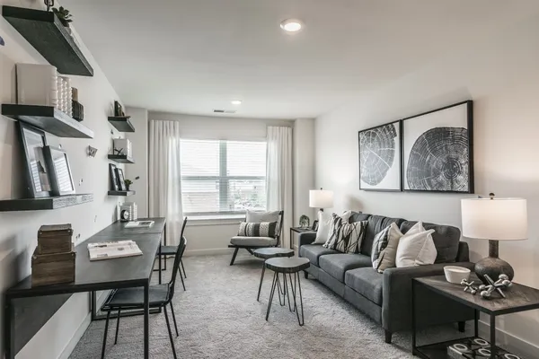 a living room with furniture a rug and a table