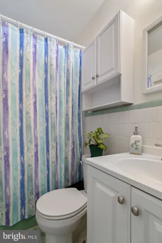 a bathroom with a sink a toilet and shower curtain
