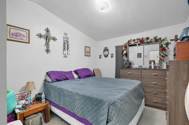 a bedroom with a bed and dresser