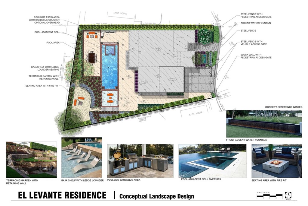 152 El Levante San Clemente, CA 92672 - Photo 2 of 11 Conceptual Design of back yard with gorgeous pool, spa, terraced yards, bbq, seating area with firepit and accent water fountain. Make it your own!