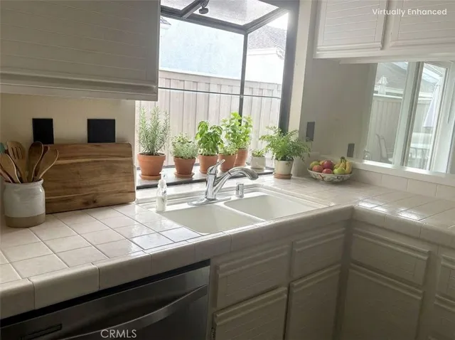 a kitchen with a sink and a potted plant