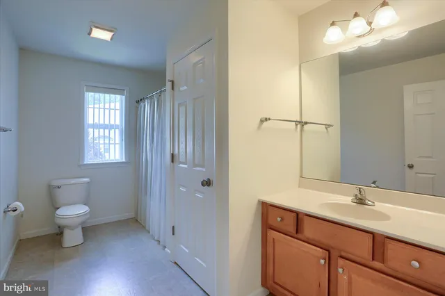 a bathroom with a double vanity sink a toilet and a mirror
