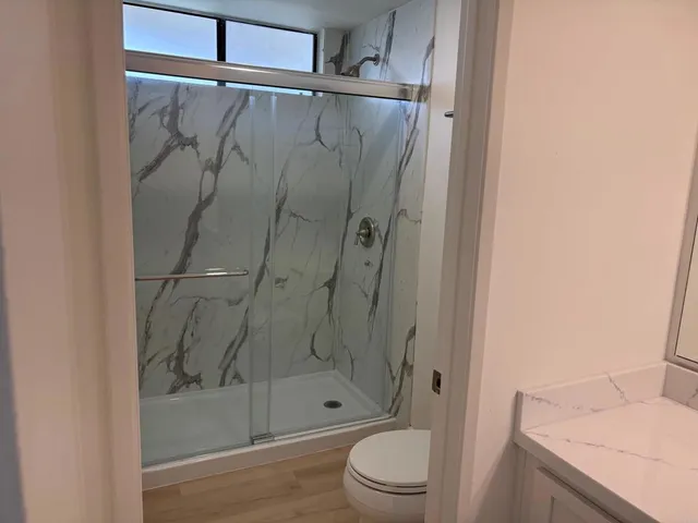 a bathroom with a shower and a toilet