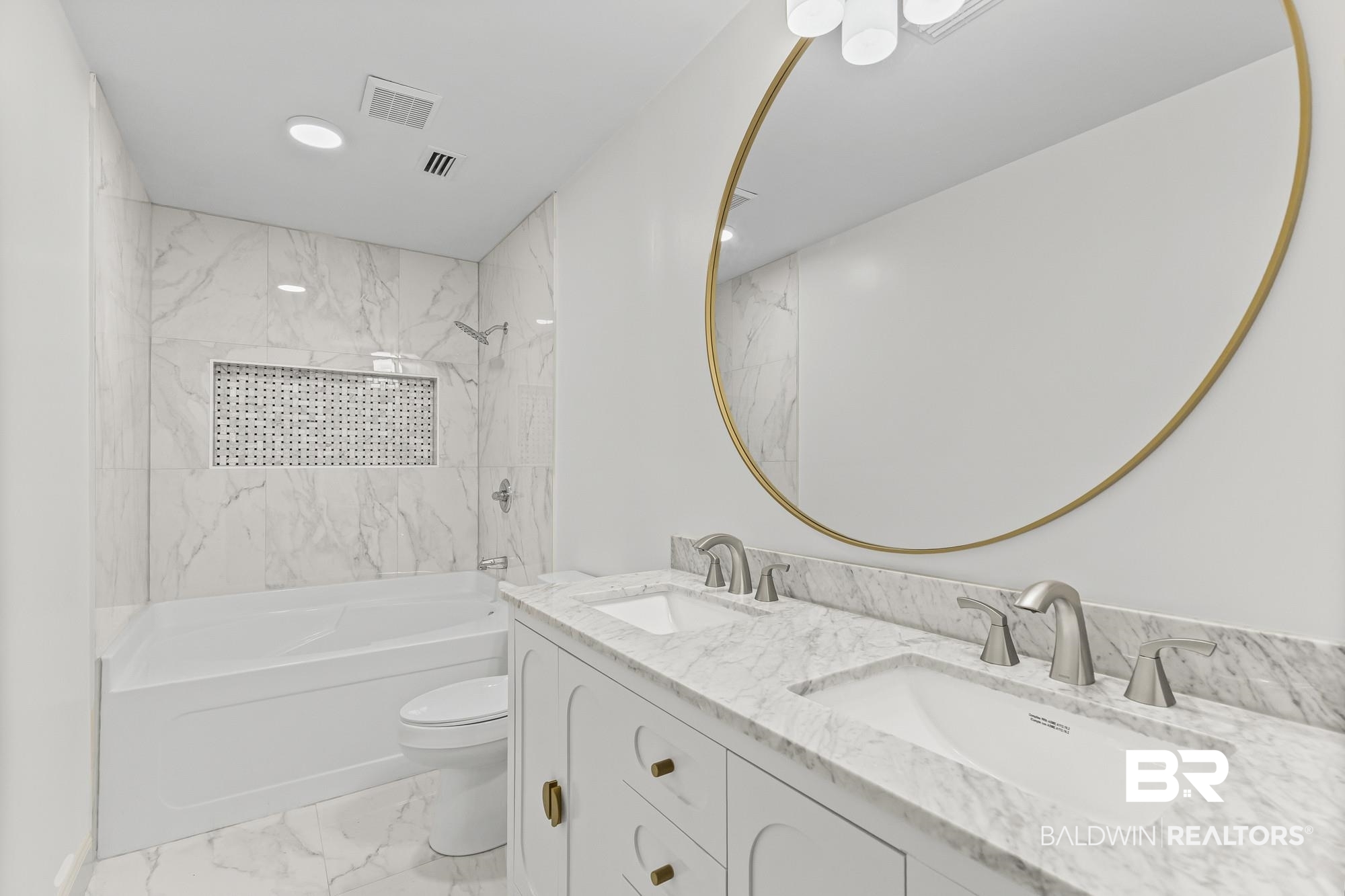 3041 Pretty Branch Drive East Mobile, AL 36618 - Photo 14 of 20 Full bathroom with light marble finish flooring, double vanity, shower combination, and recessed lighting