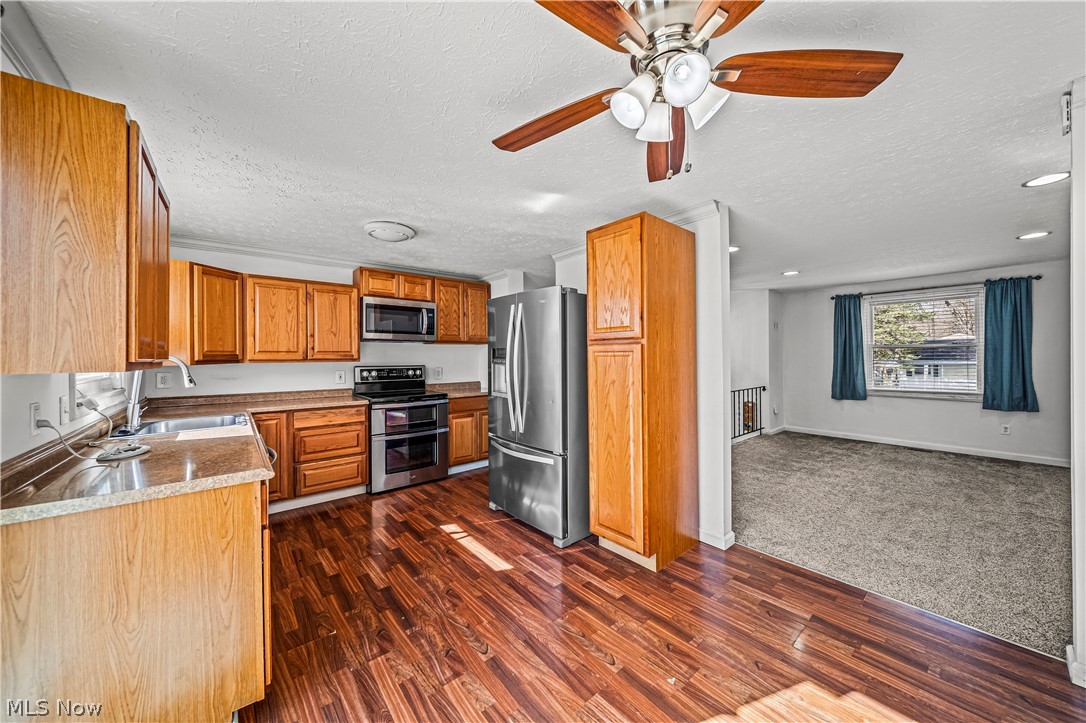 1781 Falkirk Road Madison, OH 44057 - Photo 6 of 25 Kitchen featuring light stone countertops, dark wood-type flooring, stainless steel appliances, sink, and ceiling fan