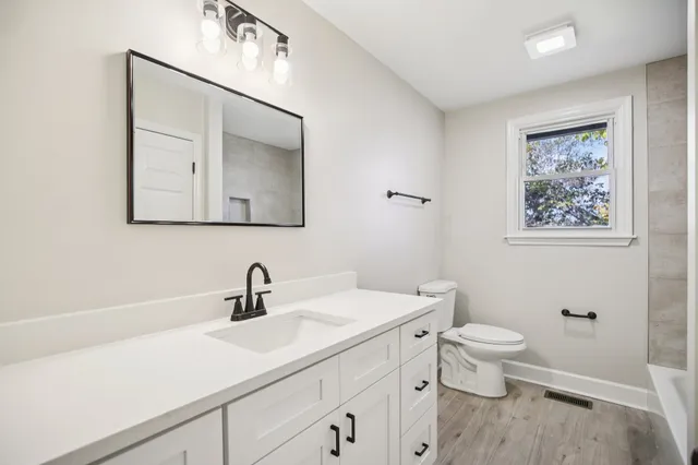 a bathroom with a toilet a sink and mirror