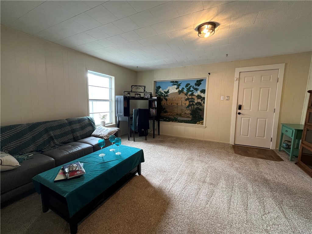 1102 North Travis Avenue Cameron, TX 76520 - Photo 7 of 48 Carpeted living room featuring wood walls