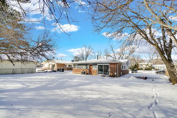 a view of a town with large trees