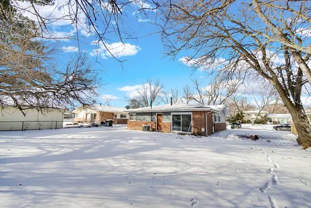 a view of a town with large trees