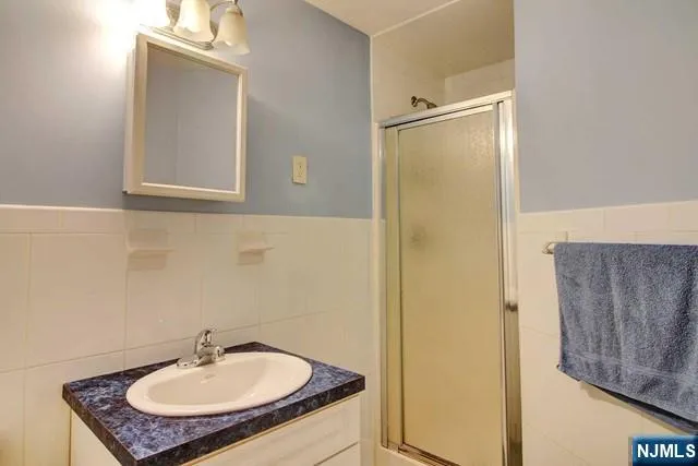 a bathroom with a sink a mirror and a shower