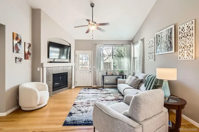 a living room with furniture and a fireplace