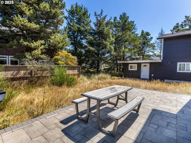 a view of a backyard with plants and lake view