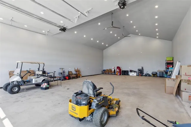 a garage with a table and chairs